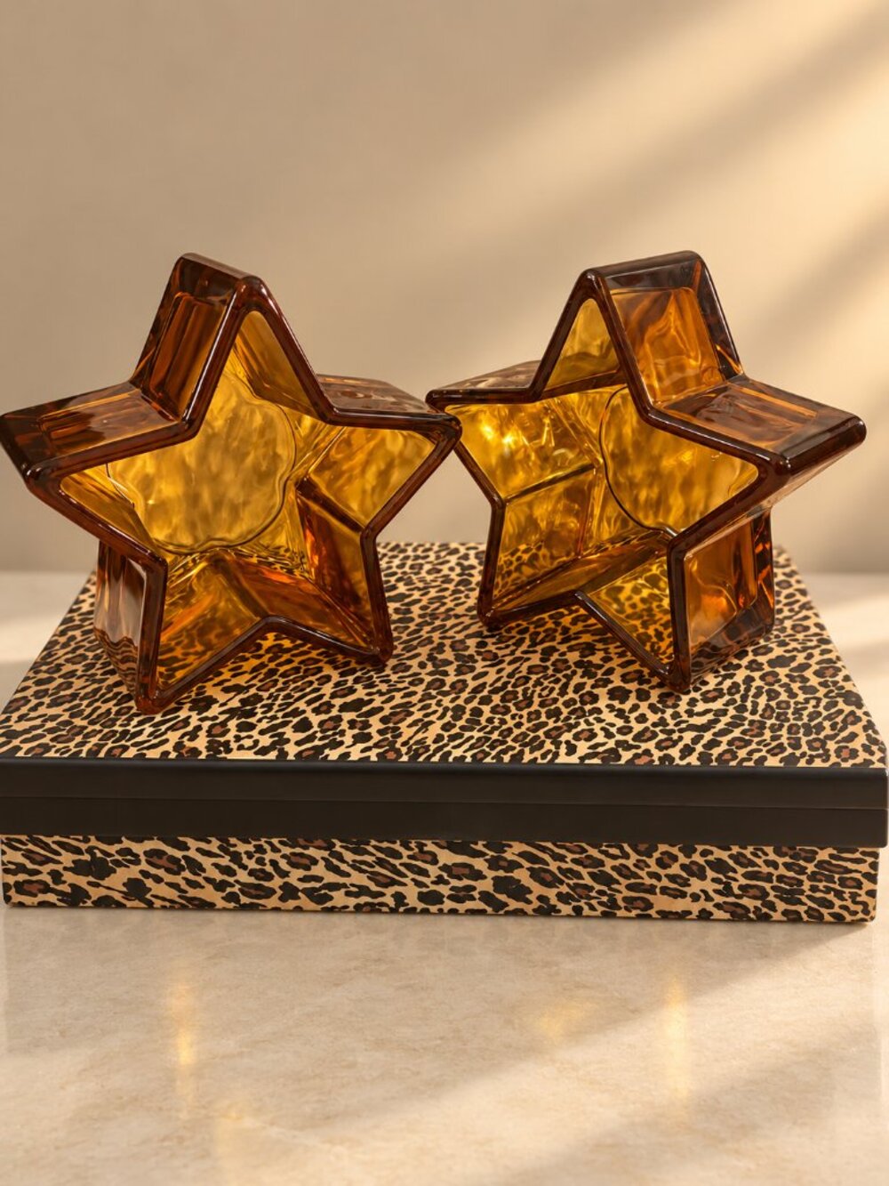 2PC Amber Glass Star Trinket Dishes Decor Bundle
